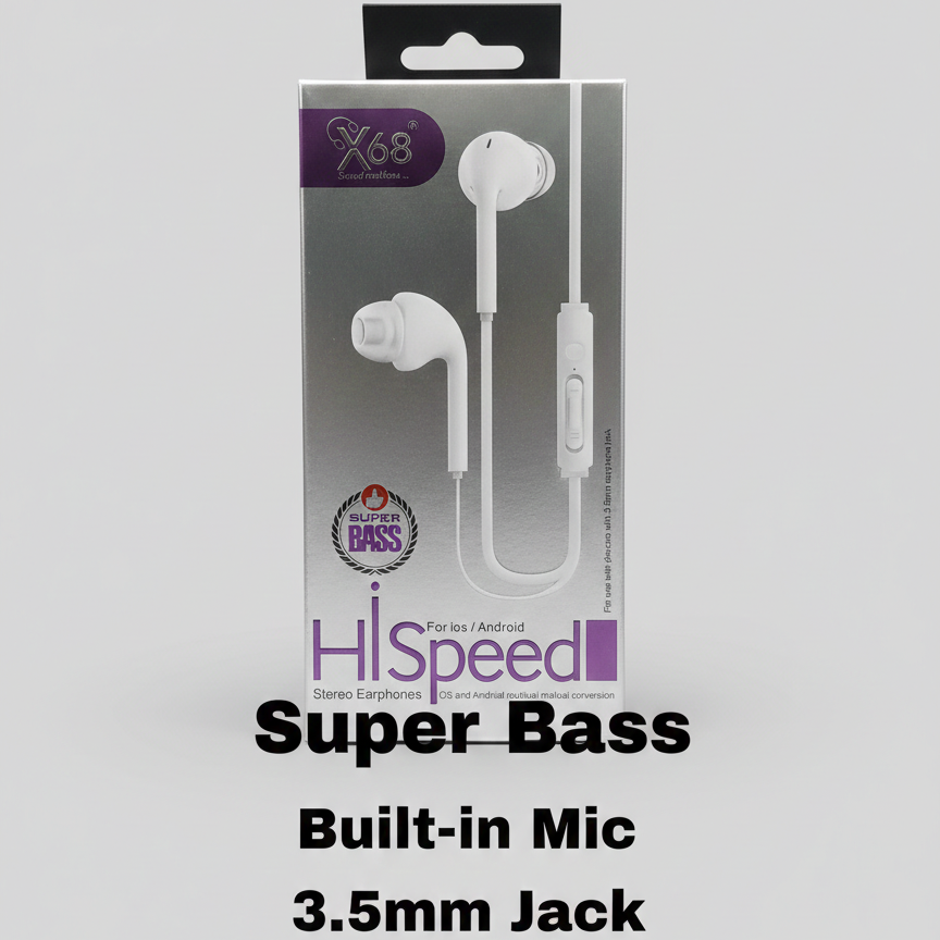 X68 Hi-Speed Stereo Earphones - Super Bass with Built-in Mic
